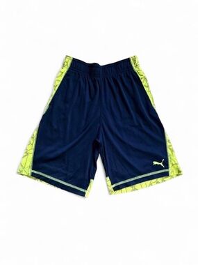 Puma Boys Mesh Athletic Shorts Navy Blue Lime Green Geometric Size M